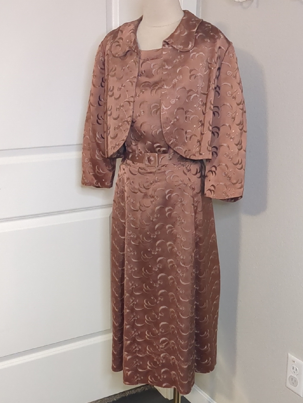 Vintage 1960s Satin Embroidered Dress Jacket Belt Set Mid Century Elegance